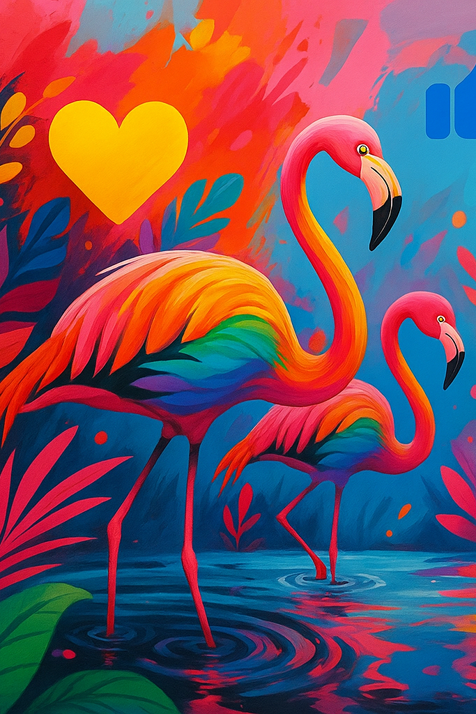 Rainbow Flamingos working on social media concepts together