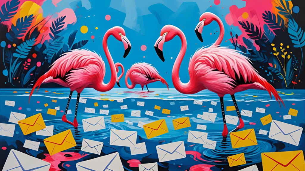 rainbow flamingo email marketing services with flamingos in water surrounded by emails